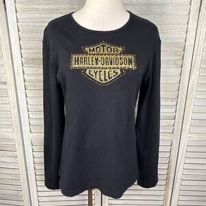 HARLEY DAVIDSON Women's Black Long Sleeve Tee w Gold Bead/Rhinestone Graphic-XL